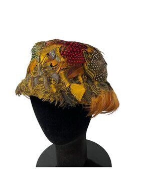 Vintage Women's Pheasant Feather Hat Cap Size 7 Retro 1940's Union Made in USA